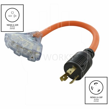Ac Works 1.5FT 30A 250V L6-30 Plug to 3 NEMA 6-15/20 Tri-Outlets with Indicator L630W620-018